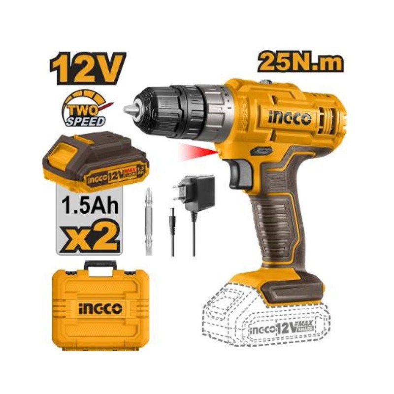 Шуруповёрт аккумуляторный Li-Ion 12V/2*1.5A INGCO CDLI1228