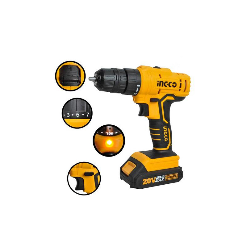 Шуруповёрт аккумуляторный Li-Ion 20В/1*1.5Ач INGCO CDLI20011