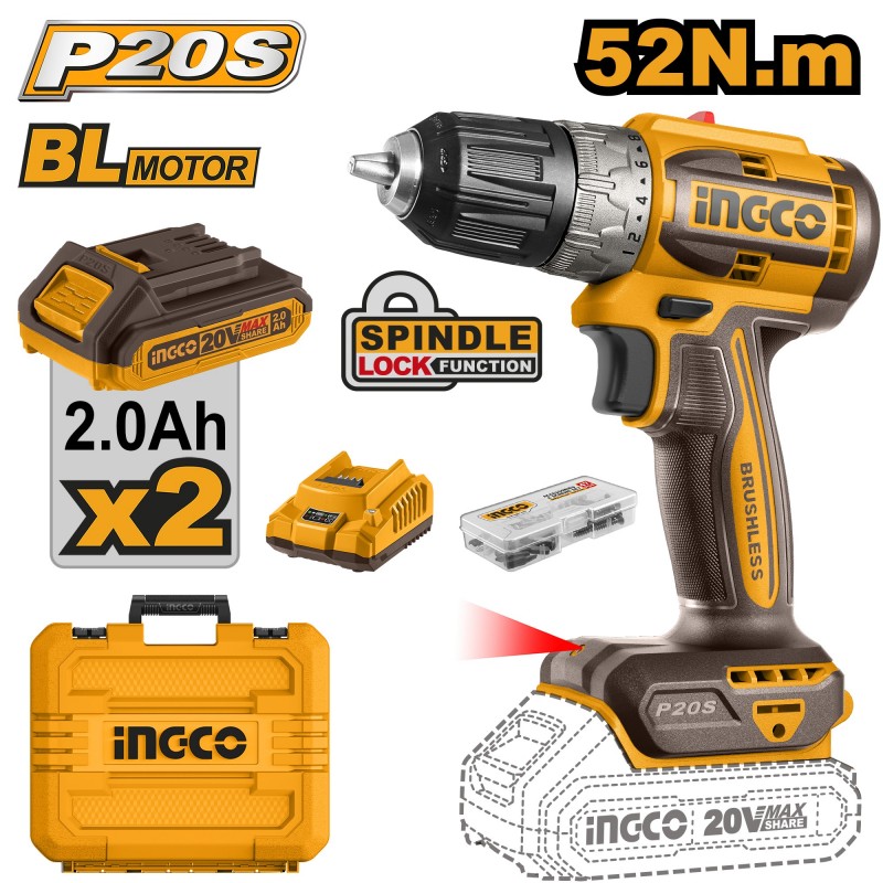 Aккумуляторный  шуруповёрт 2*2Ah  52N.m INGCO CDLI20453