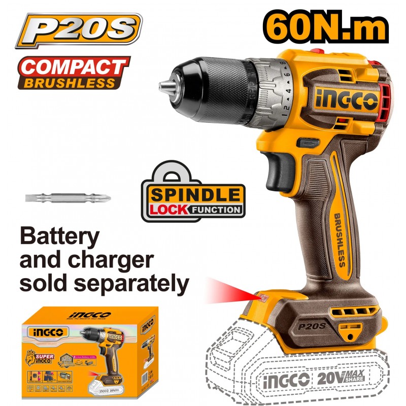 Шуруповерт бесщеточный 60Нм без аккумулятора 20 В INGCO...