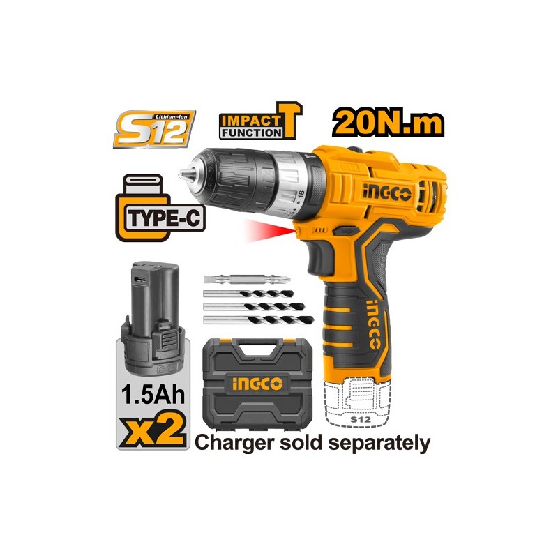 Шуруповерт акумуляторный ударный, INGCO CIDLI12328 Li-Ion...