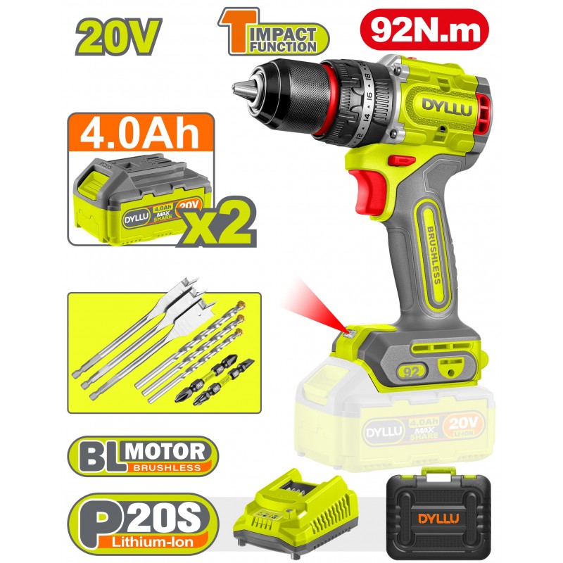 Шуруповёрт аккумуляторный 20V/2*4.0Ah DYLLU DTCDP9281