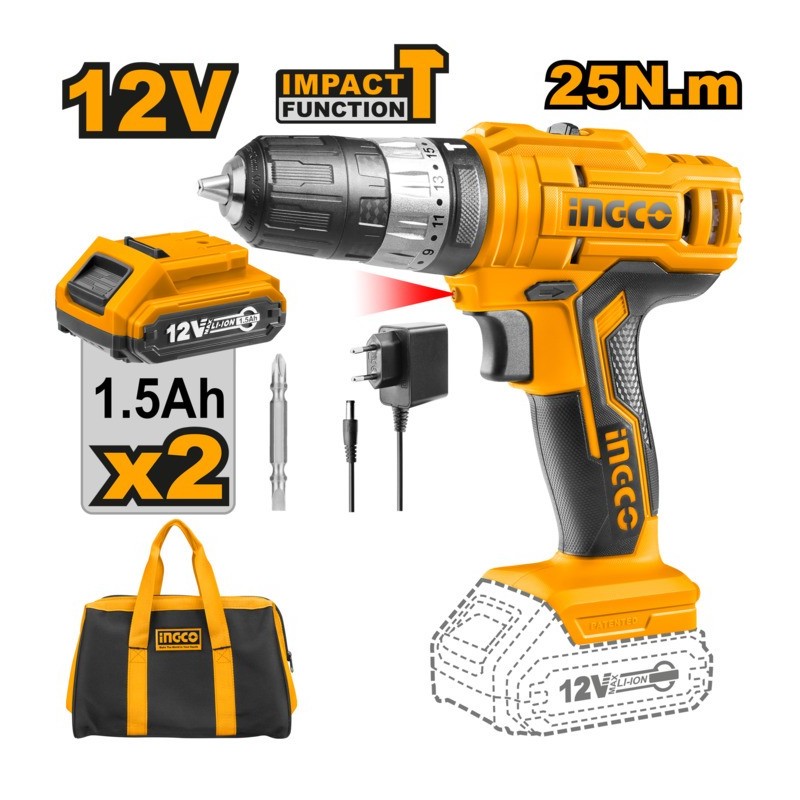 Шуруповёрт аккумуляторный 12V/2*1.5A INGCO CIDLI1222