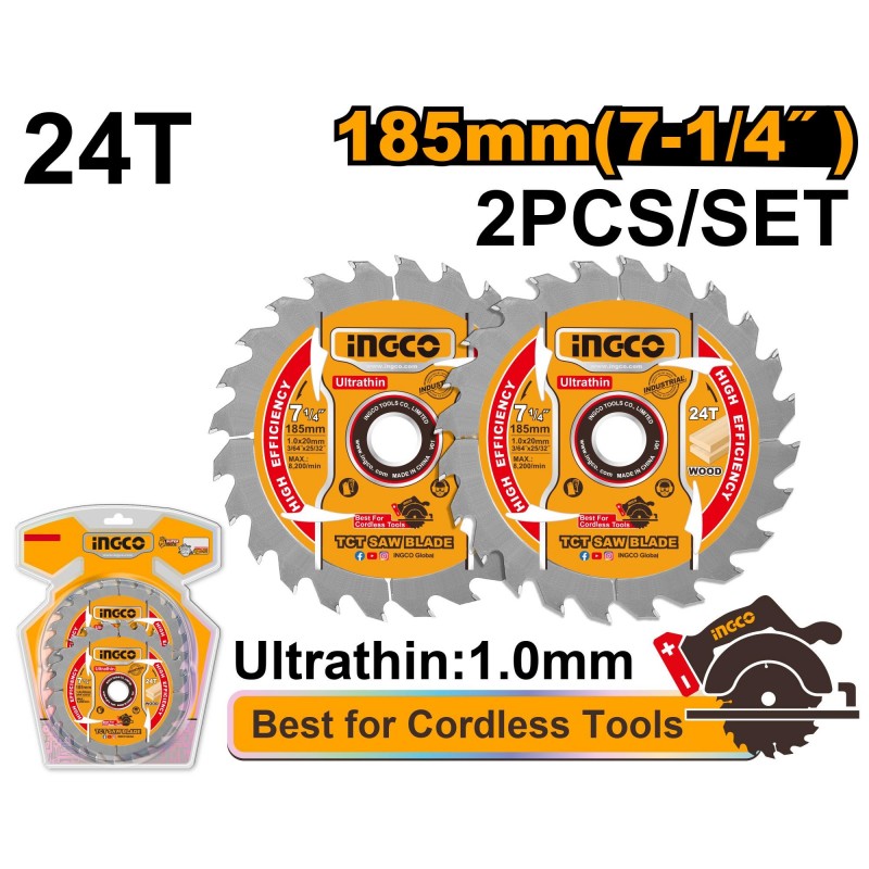 Комплект пильных дисков по дереву 185мм 24Т 2шт. INGCO TSB1853