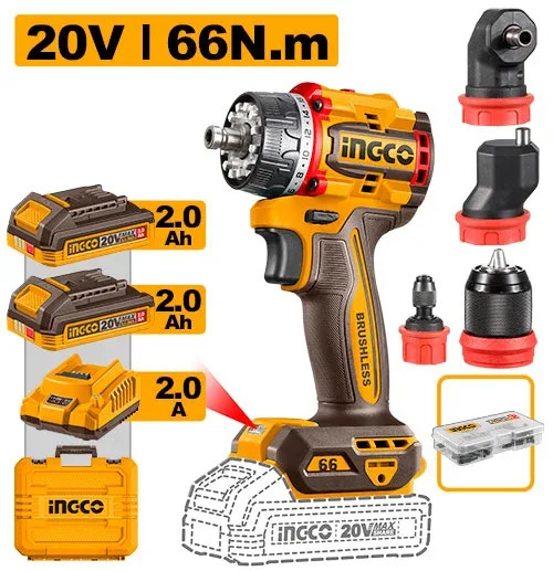 Аккумуляторная дрель-шуруповерт INGCO CDLI206686 20V Brushless 66 Нм с набором сменных насадок (2 АКБ 2.0 Ач + ЗУ)