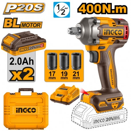 Гайковёрт аккумуляторный ударный Li-Ion 20V/2*2Ah 400Nm INGCO...
