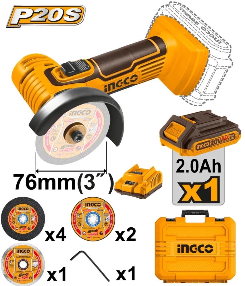 Мини УШМ (болгарка) аккумуляторная 20В/1*2,0Ач INGCO CAGLI76012