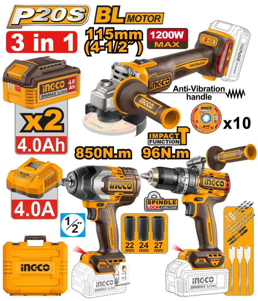 Набор из 3 аккумуляторных инструментов INGCO COSLI251292