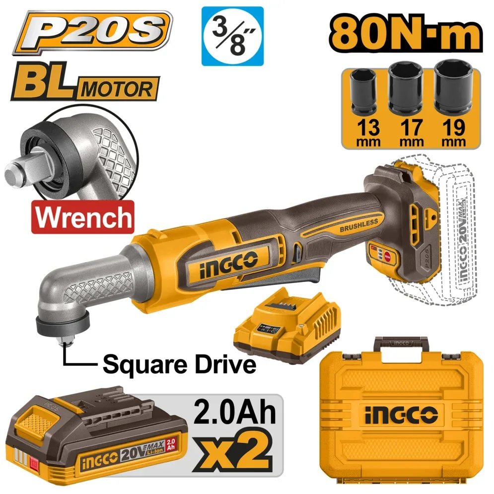 Аккумуляторный угловой гайковерт INGCO CAIWLI208 20V, 80 Н·м, 3/8", 2 АКБ 2.0Ah