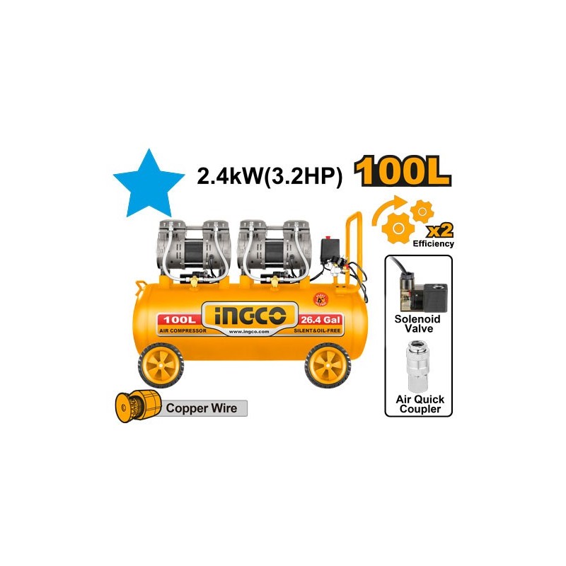 Компрессор без маслянный 100л 2400W INGCO ACS2241001 (с низким...