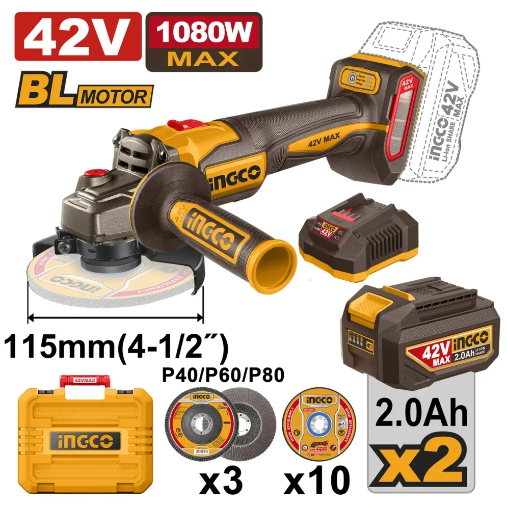 Болгарка УШМ аккумуляторная 42В/2*2.0Ач 1080W INGCO CAGLI4108112