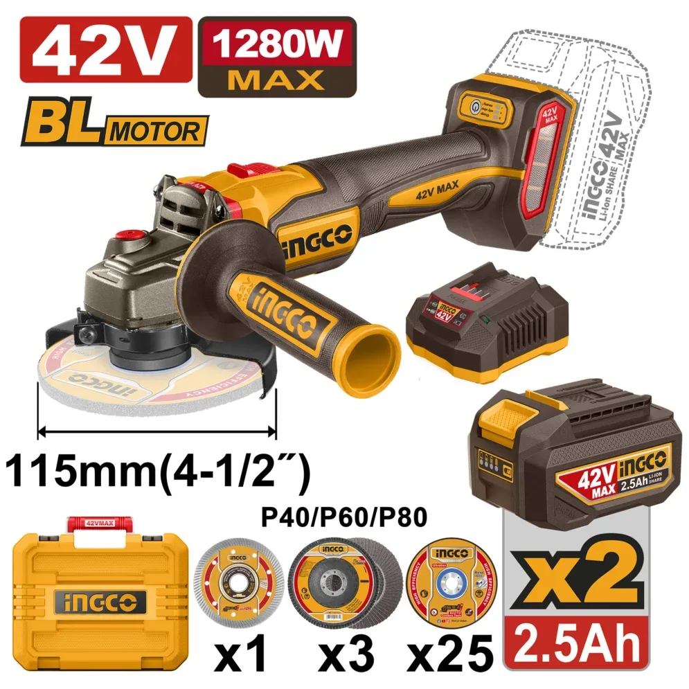 Болгарка УШМ аккумуляторная 42В/2*2.5Ач 1280W INGCO CAGLI4128112