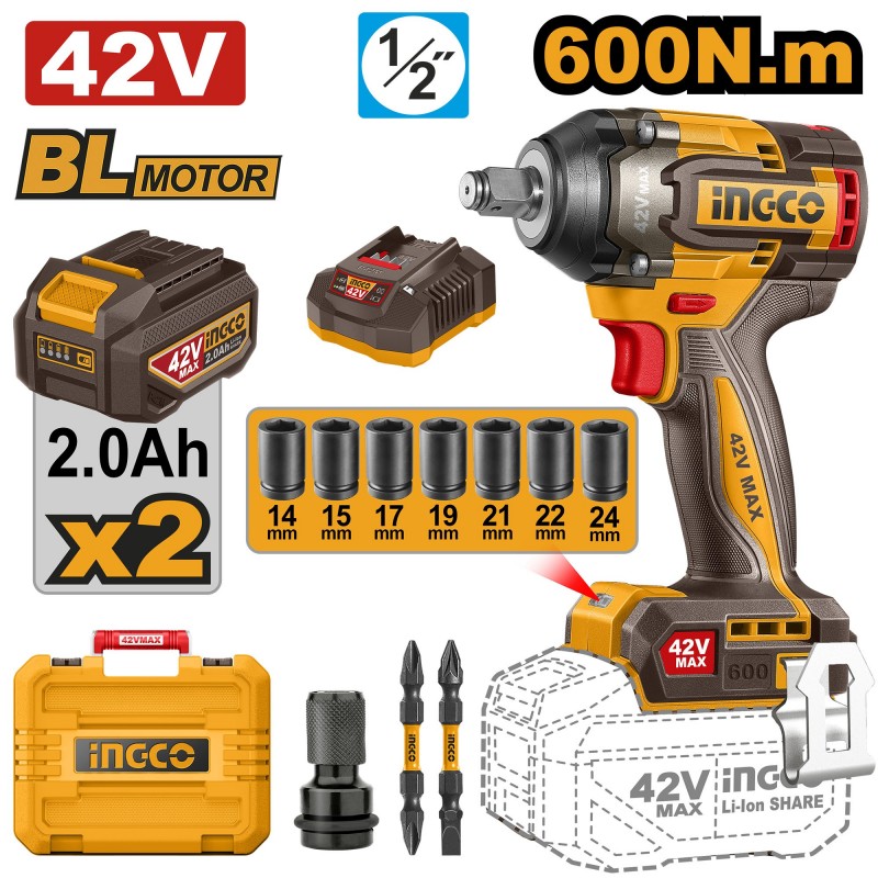 Гайковёрт аккумуляторный ударный  BL motor 42В/2*2Ач 600Н.м...