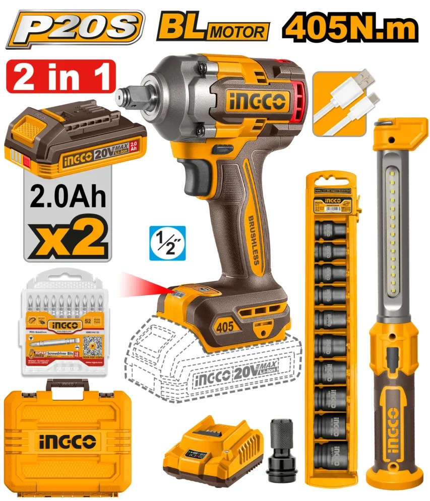 Гайковёрт аккумуляторный ударный 405Nm INGCO COSLI23056