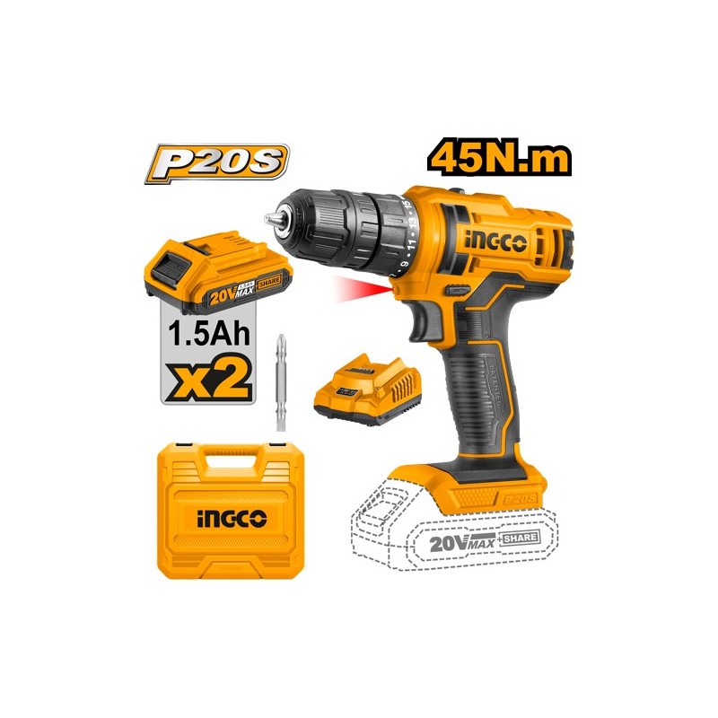 Шуруповёрт аккумуляторный INGCO 20V/2*1.5A CDLI20028