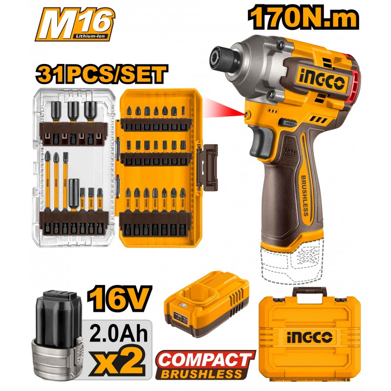 Аккумуляторный ударный винтовёрт 16V 2*2.0Ah INGCO COSLI241083