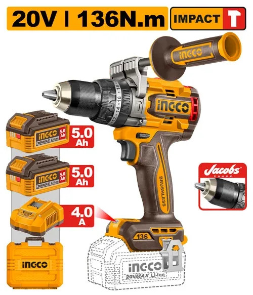Аккумуляторный ударный шуруповёрт INGCO CIDLI201368, 20 В, 136 Н·м, Brushless, 2×5.0 А·ч