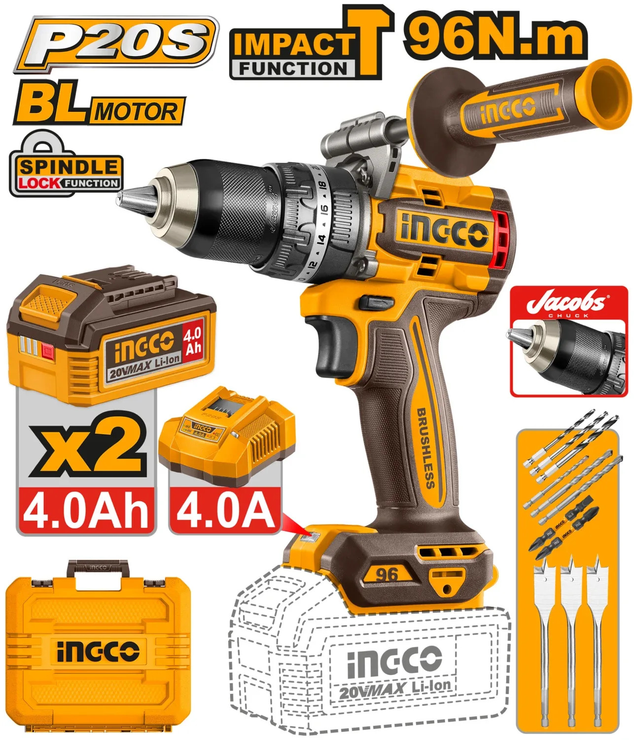 Шуруповерт аккумуляторный ударный 2x4.0Ah INGCO CIDLI209686