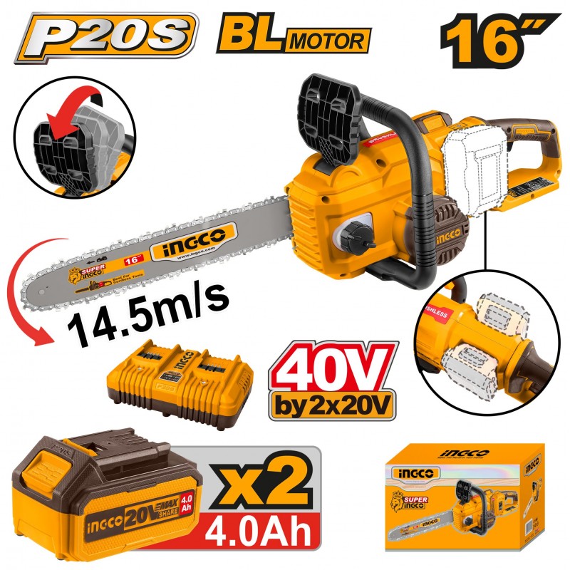 Аккумуляторная цепная пила Li-Ion 20В+20В/2*4Ач INDUSTRIAL...