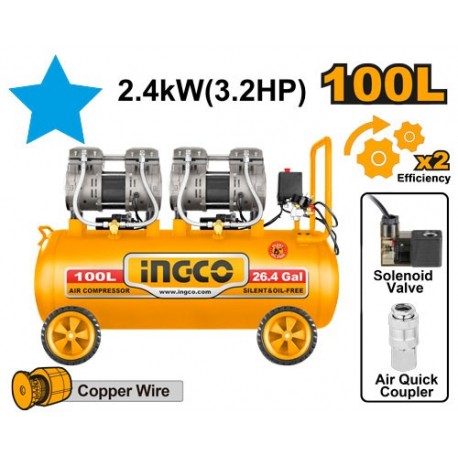 Компрессор без маслянный 100л 2400W INGCO ACS2241001 (с низким...