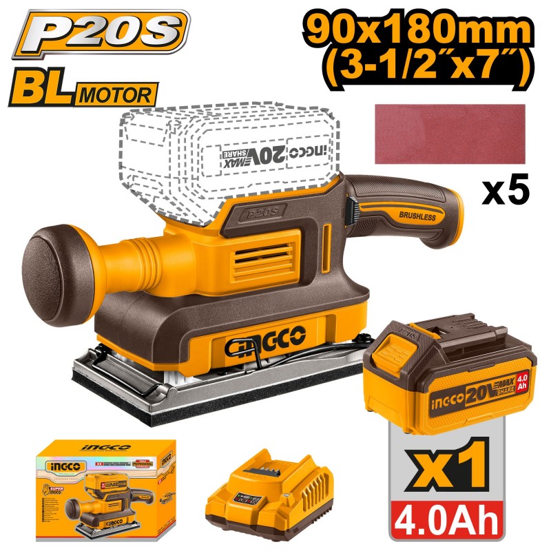 Аккумуляторная вибрационная шлифмашина 90*180мм 1*4.0Ач  INGCO...