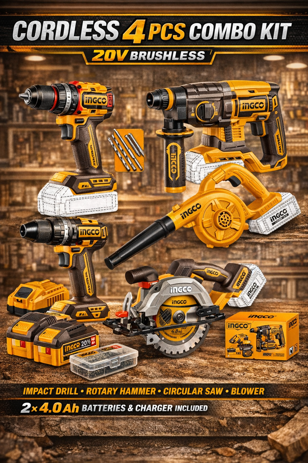 Аккумуляторный набор инструментов (4в1) INDUSTRIAL INGCO COSLI250695