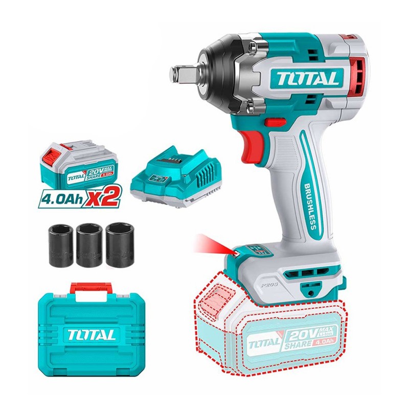 Гайковерт ударный с аккумулятором 20.0В 4.0Aч 500Нм Total...