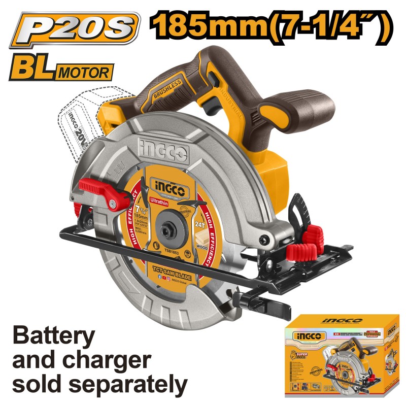 Циркулярная аккумуляторная  пила(без аккум,) 185 mm 20V  INGCO...