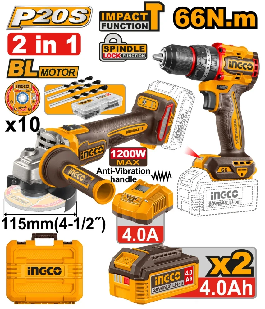 Набор из 2 аккумуляторных инструментов 2x4.0Ah INGCO CKLI20256