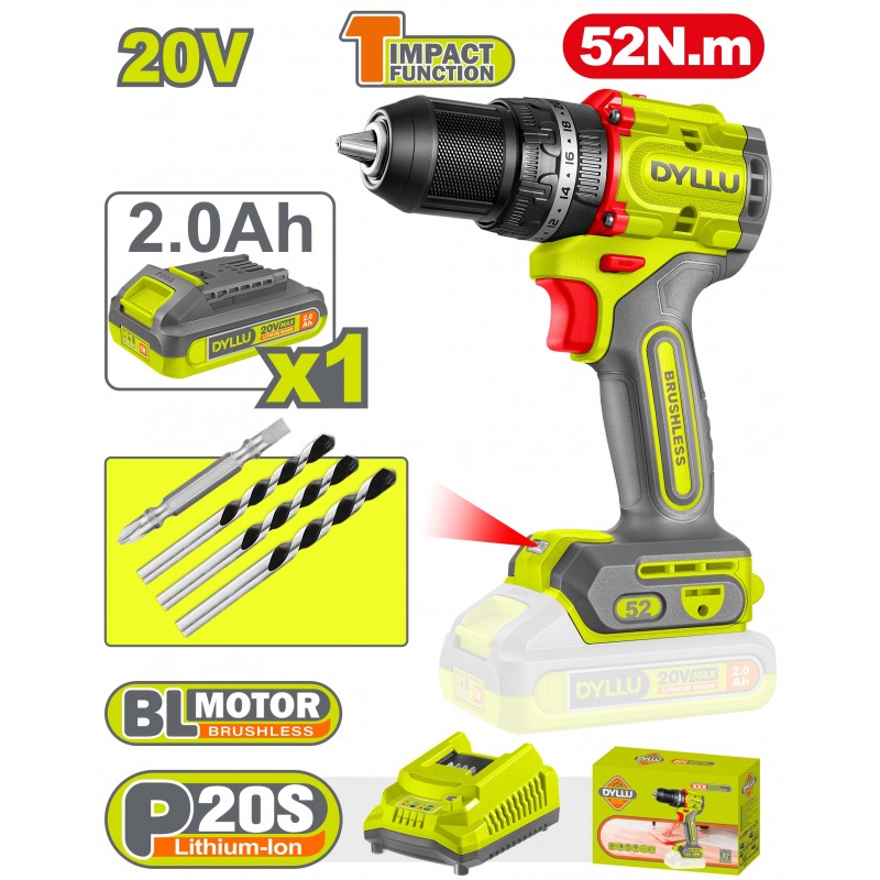 Шуруповёрт аккумуляторный 20V/1*2.0Ah DYLLU DTCDP5282