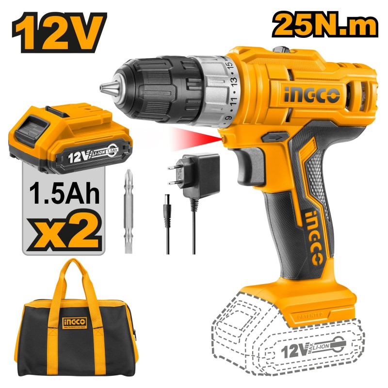 Шуруповёрт аккумуляторный Li-Ion 12В/2*1.5Ач INGCO CDLI1222