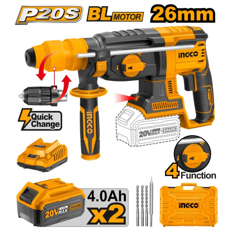Перфоратор SDS+  2,5 Дж с аккумулятором  2*4.0Ah Li-Ion...