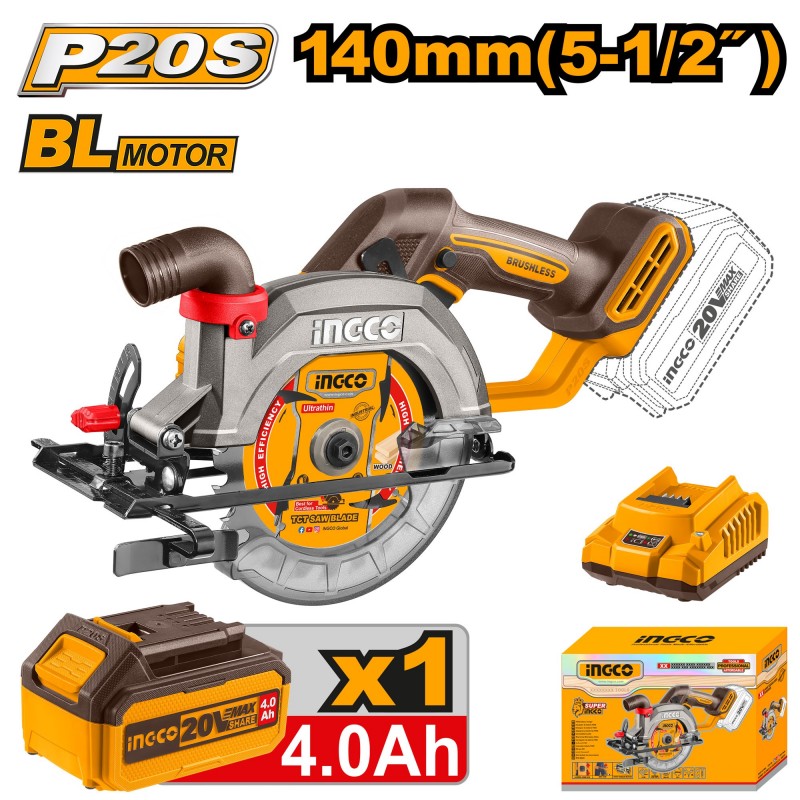 Циркулярная аккумуляторная  пила 1*4,0A 140 mm 20V  INGCO...