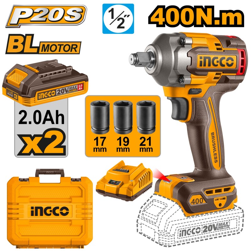 Гайковёрт аккумуляторный ударный Li-Ion 20V/2*2Ah 400Nm INGCO...