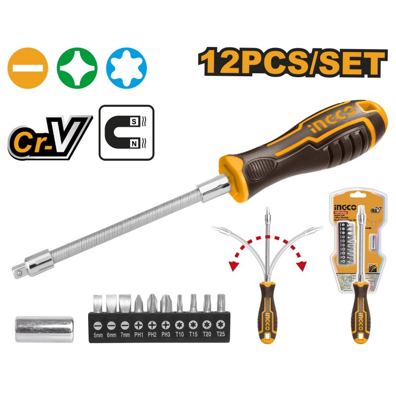 Набор отверток с гибким валом 12 штук  INGCO AKSDFL1208