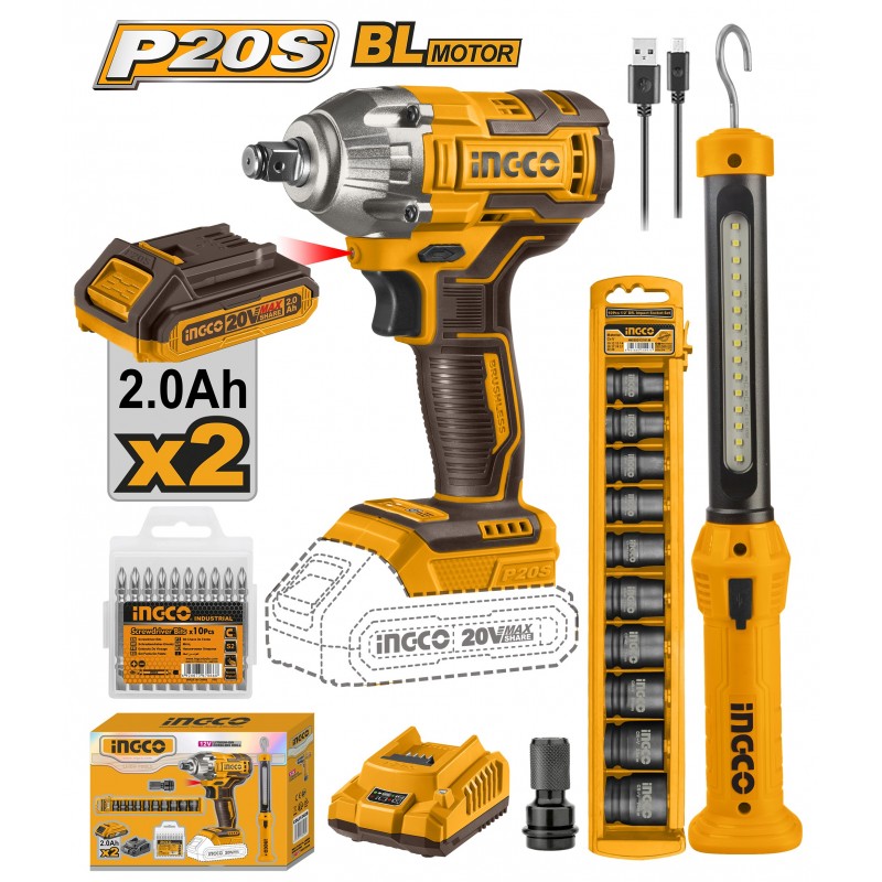 Набор Гайковёрт ударный + лампа 20V/2*2Ah INGCO COSLI23011