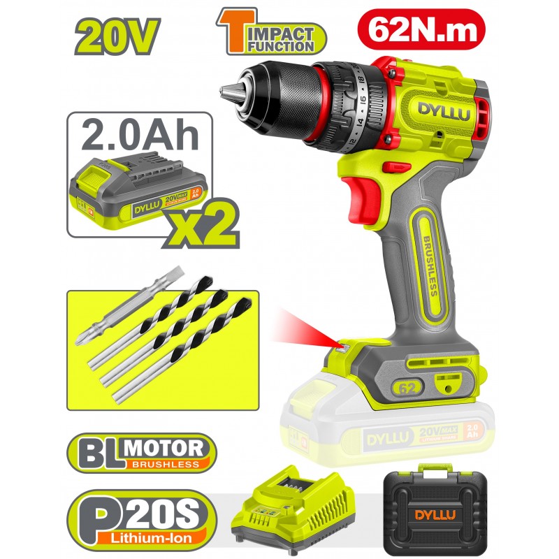 Шуруповёрт аккумуляторный 20V/2*2.0Ah DYLLU DTCDP6281
