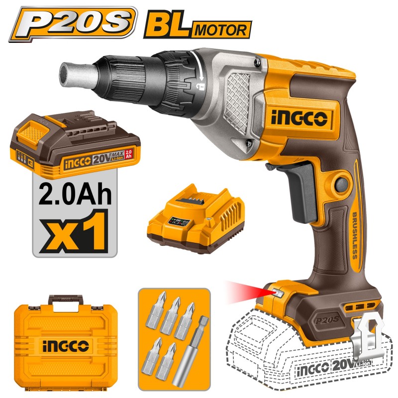 Аккумуляторный шуруповерт для гипсокартона 20В/1*2.0Ач...