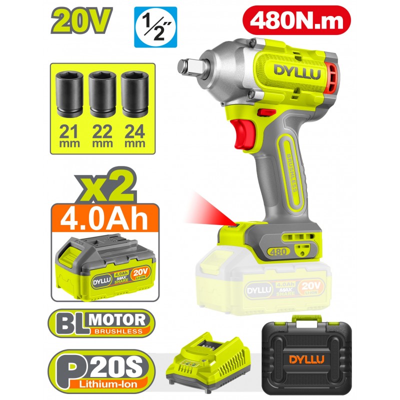 Гайковёрт аккумуляторный ударный Li-Ion 20V/2*4.0Ah 480Nm...